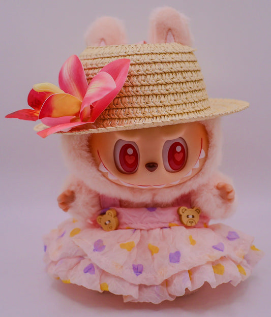 Pink Summer Labubu Outfit – Teddy Bear Dress & Floral Sunhat