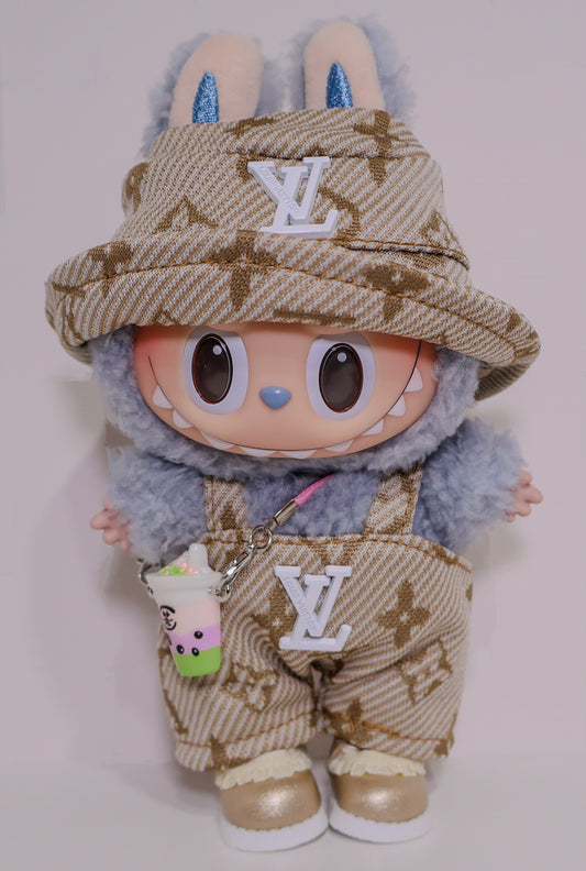 Beige Monogram Overall Outfit Set – Luxury Streetwear Style for Labubu