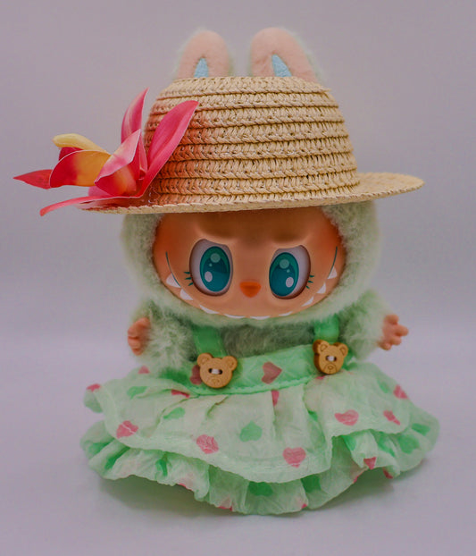 Green Summer Labubu Outfit – Mint Teddy Bear Dress & Floral Hat