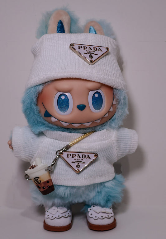 White Designer Sweater Outfit Set – PRADA Style for Labubu