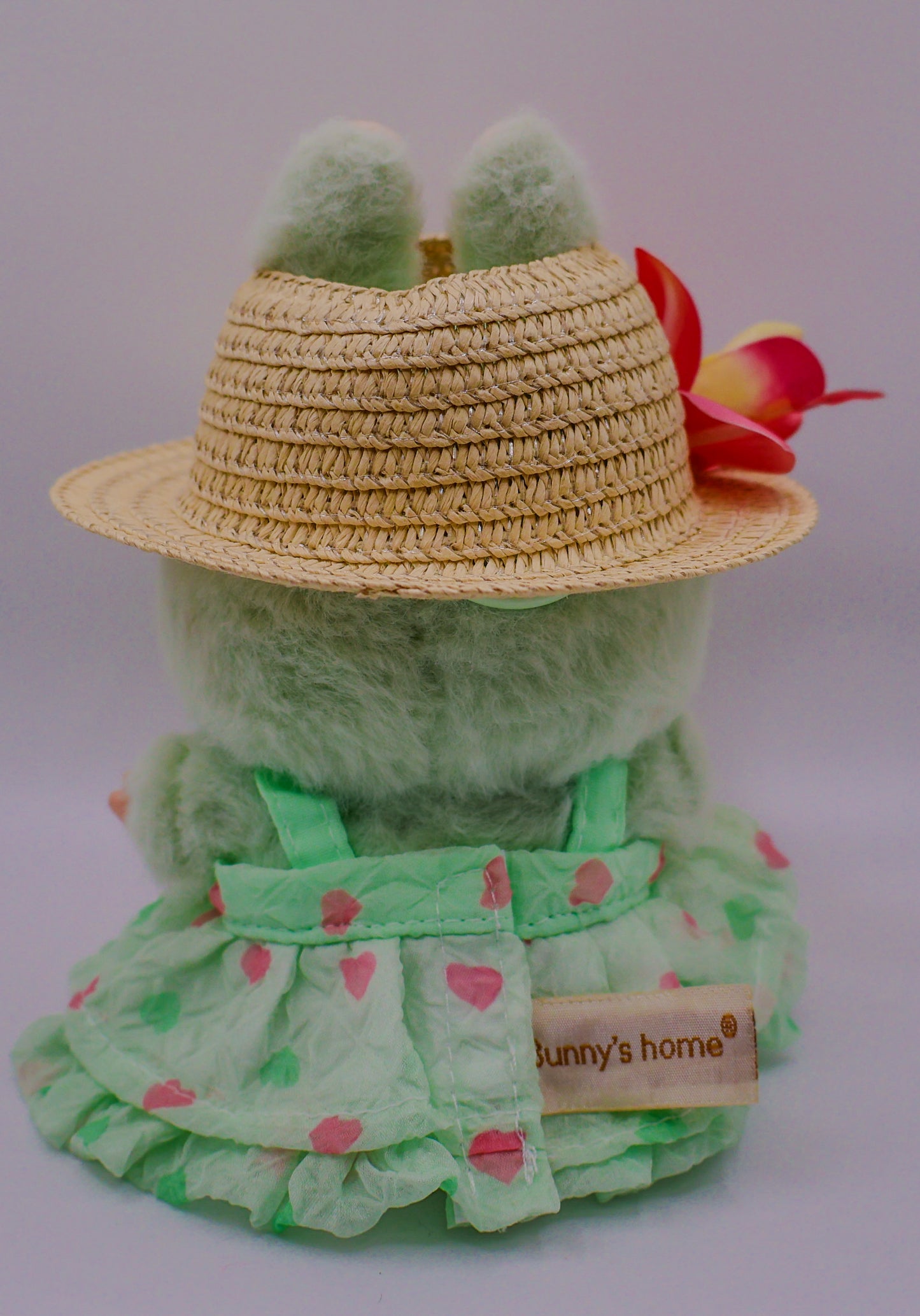 Green Summer Labubu Outfit – Mint Teddy Bear Dress & Floral Hat
