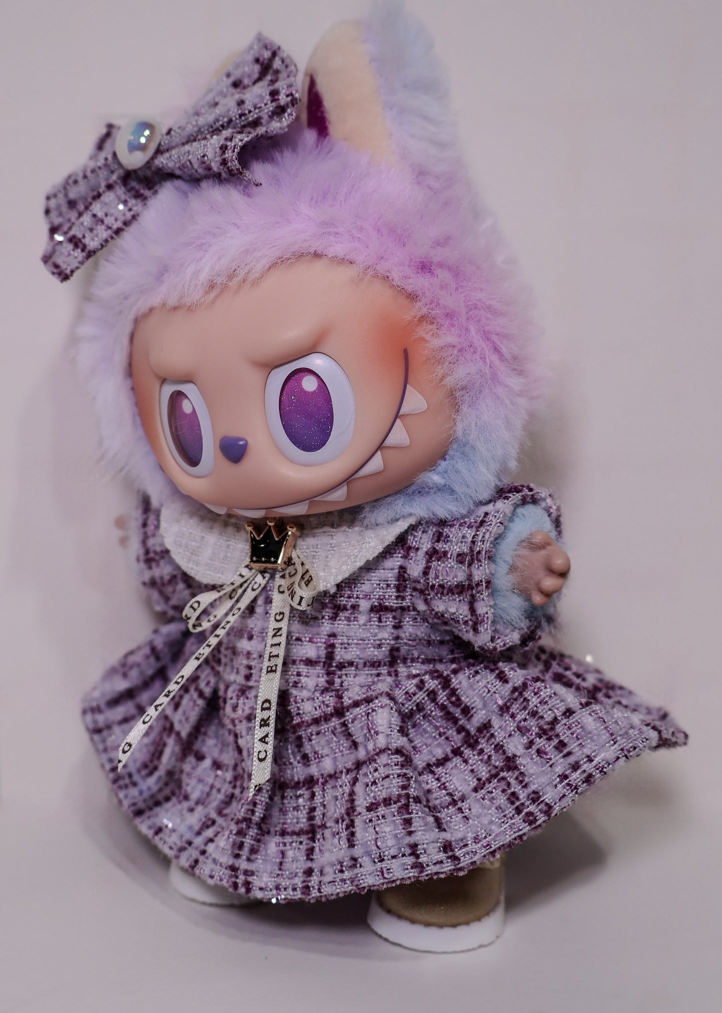 Labubu Lavender Tweed Dress with Bow & Crown Accent