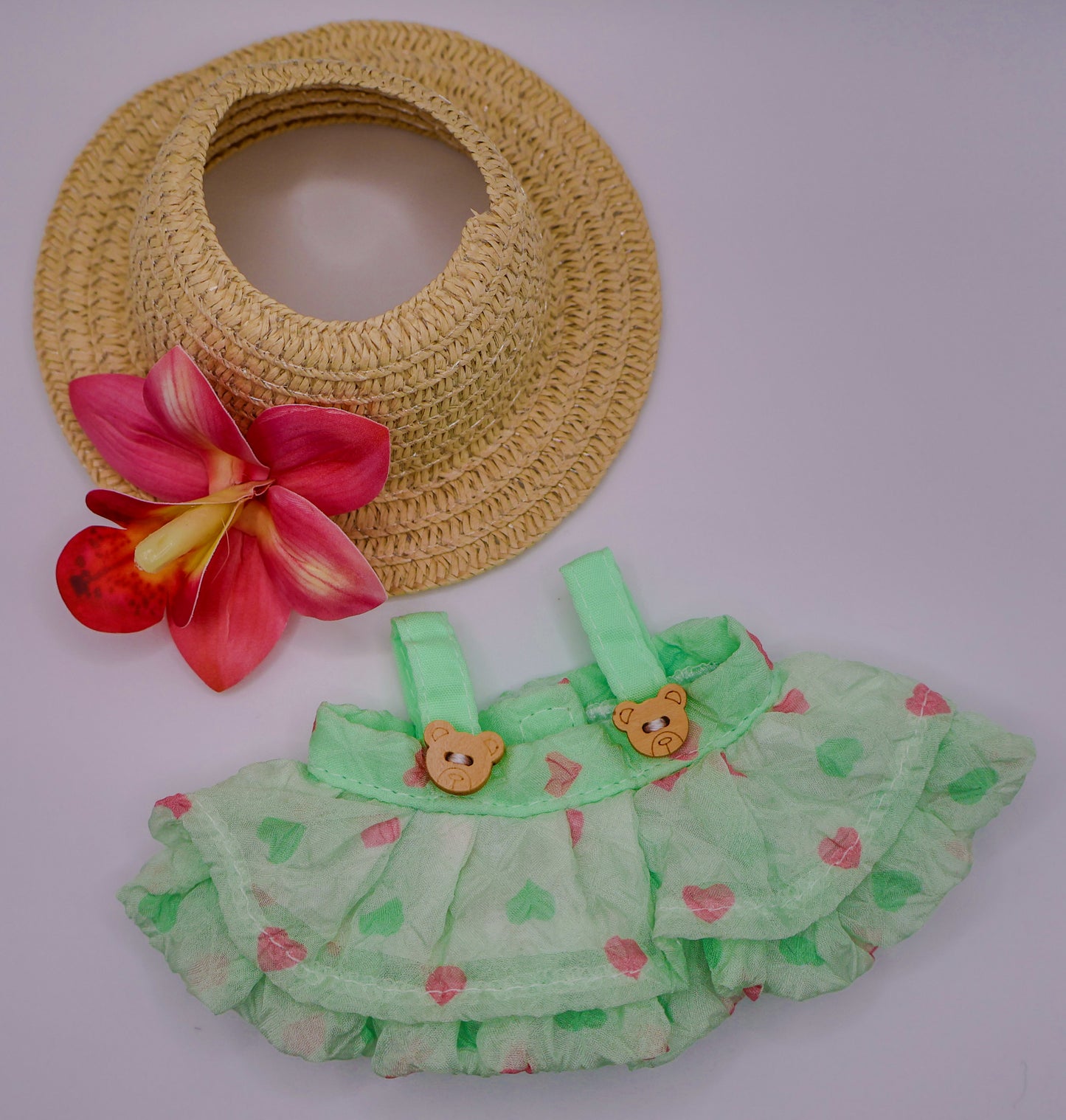 Green Summer Labubu Outfit – Mint Teddy Bear Dress & Floral Hat