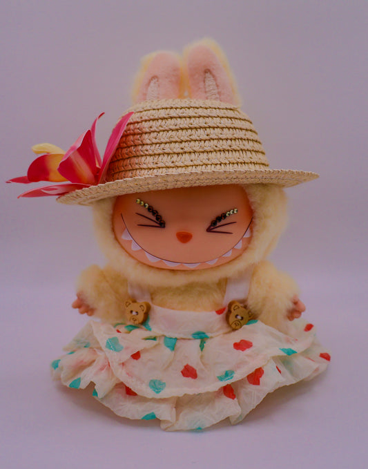 Yellow Summer Labubu Outfit – Floral Sunhat & Teddy Bear Dress