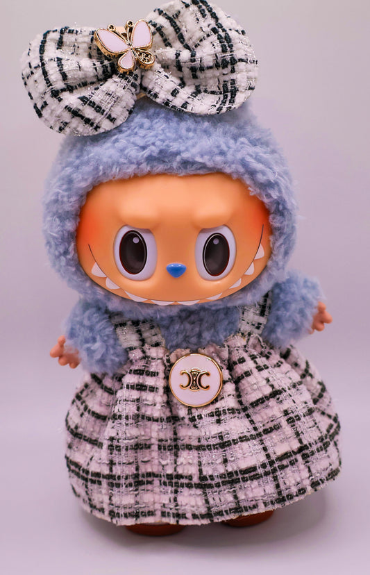 Parisian Chic Tweed Dress with Bow & Butterfly Accent for Labubu