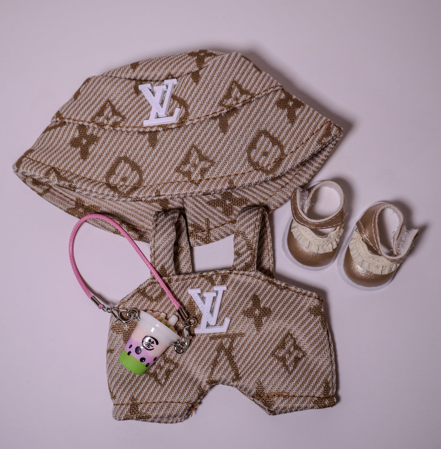 Beige Monogram Overall Outfit Set – Luxury Streetwear Style for Labubu