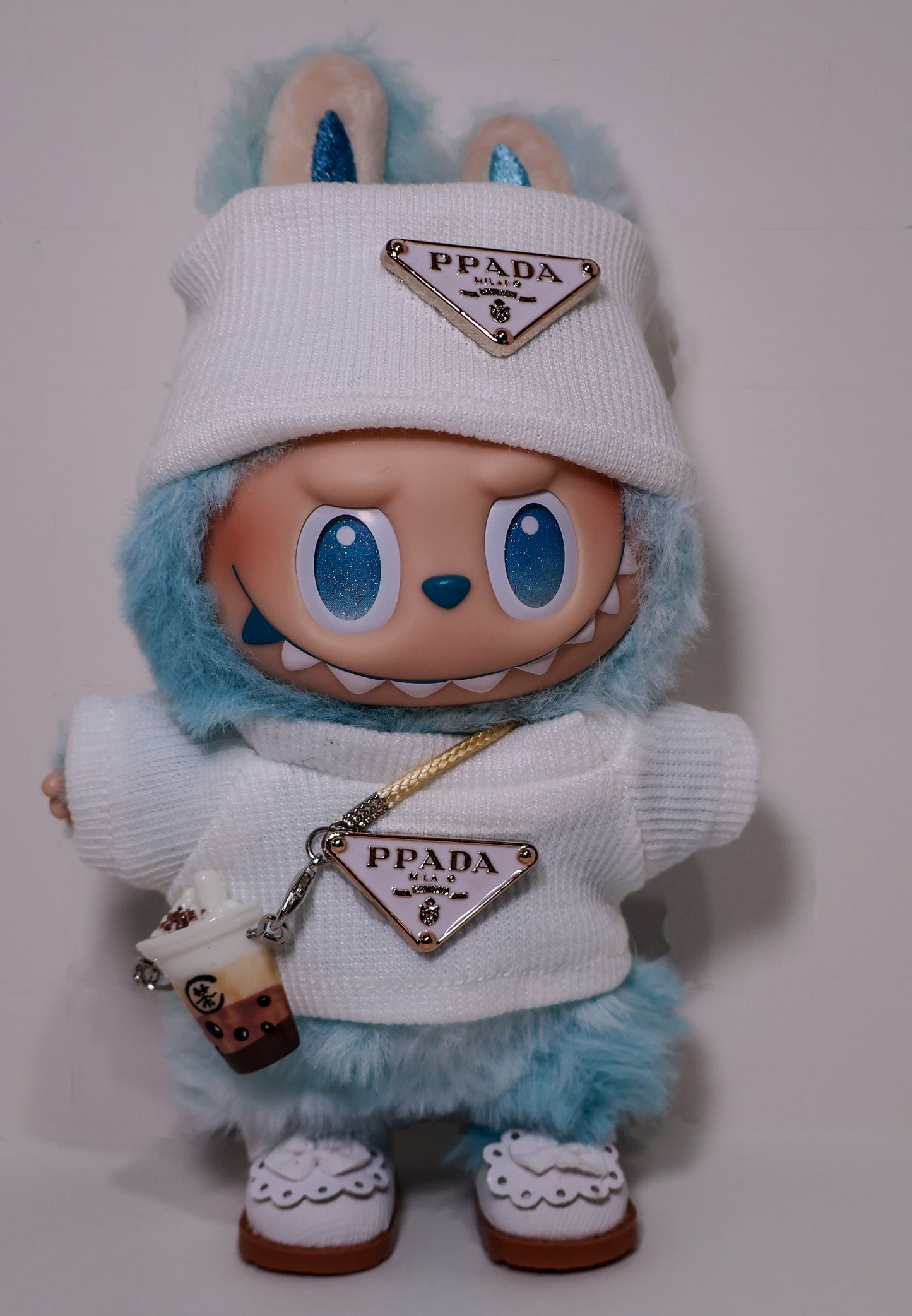 White Designer Sweater Outfit Set – PRADA Style for Labubu