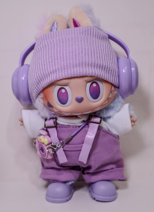 Lavender Streetwear Outfit Set with Headphones & Overalls for Labubu