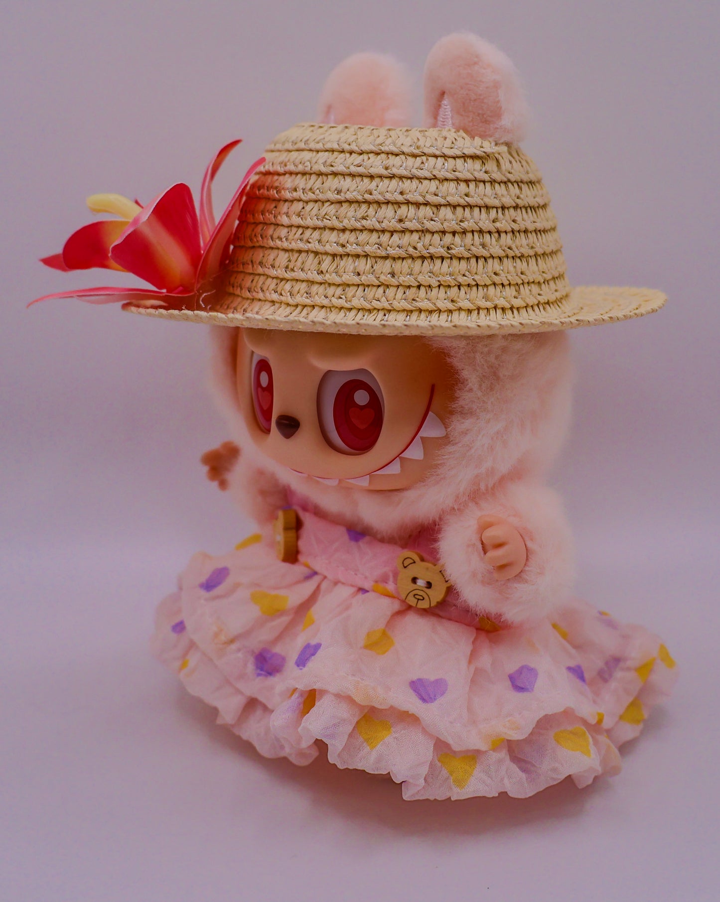 Pink Summer Labubu Outfit – Teddy Bear Dress & Floral Sunhat