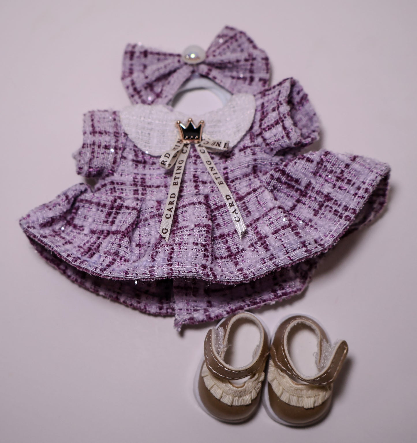 Labubu Lavender Tweed Dress with Bow & Crown Accent