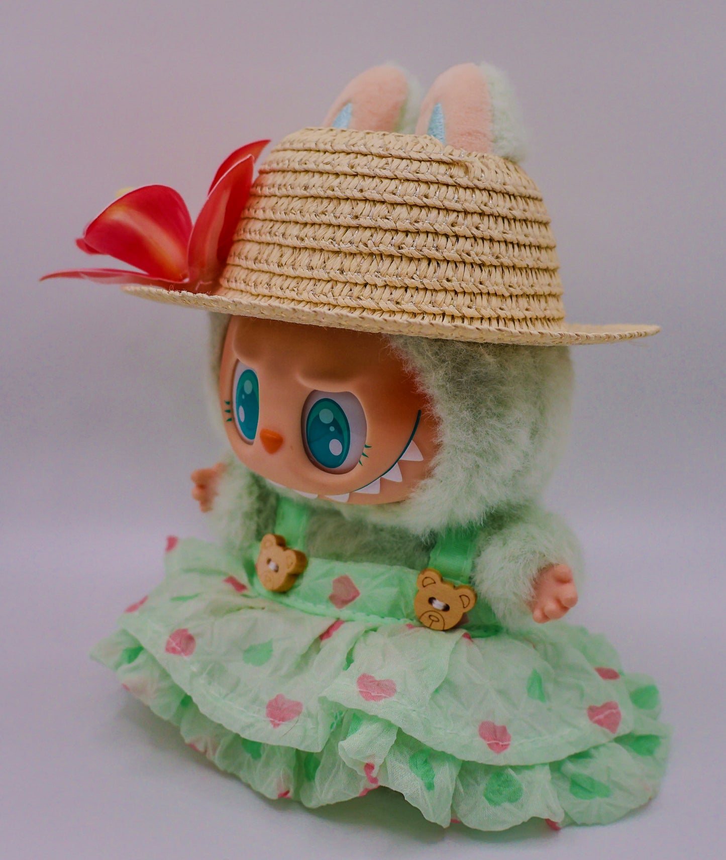 Green Summer Labubu Outfit – Mint Teddy Bear Dress & Floral Hat
