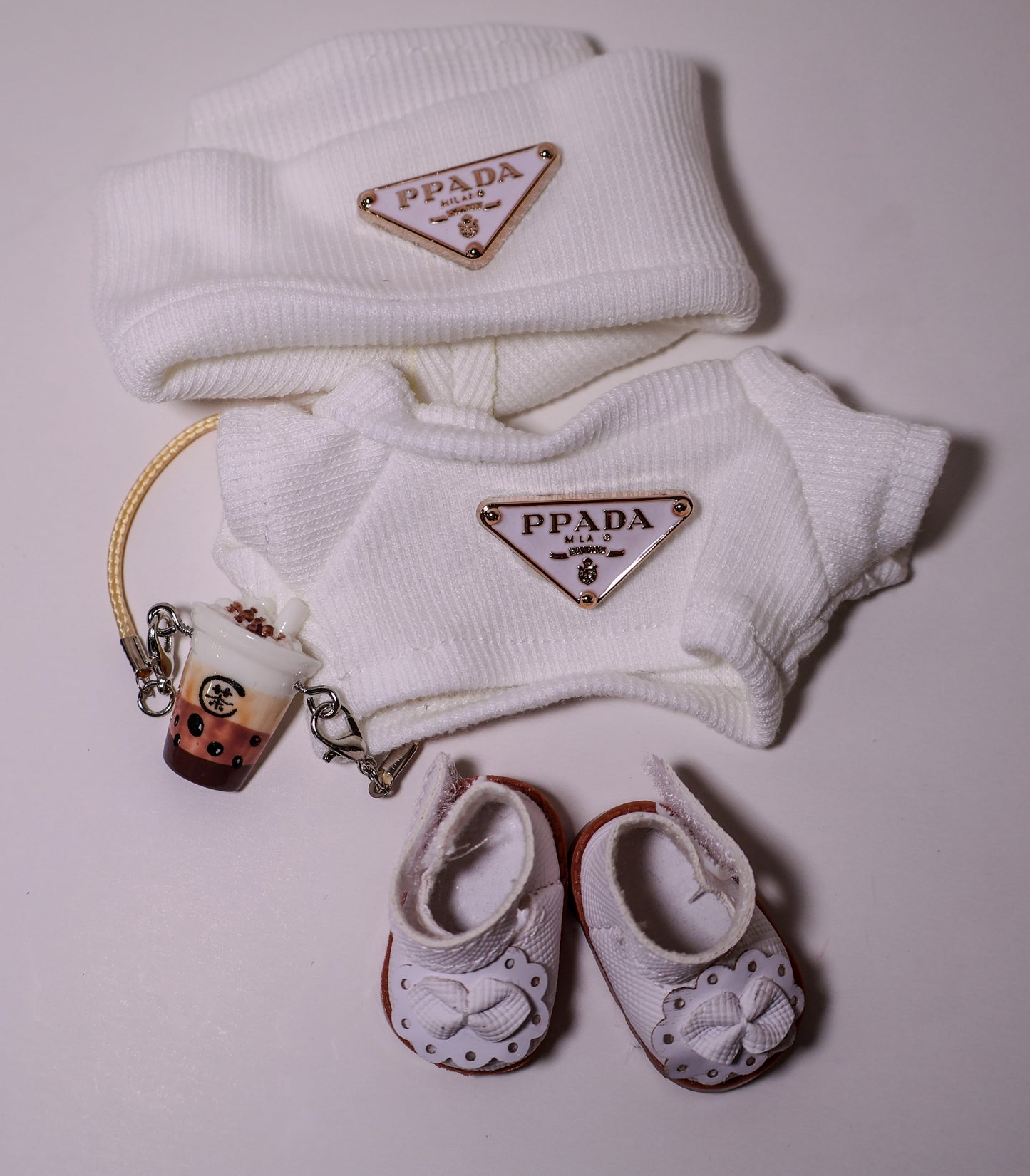 White Designer Sweater Outfit Set – PRADA Style for Labubu