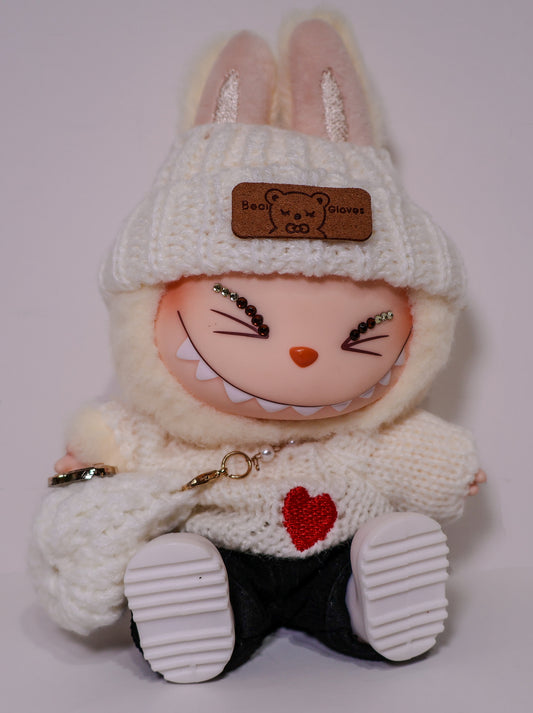 Cozy Cream Winter Outfit Set – Knit Hat & Sweater for Labubu
