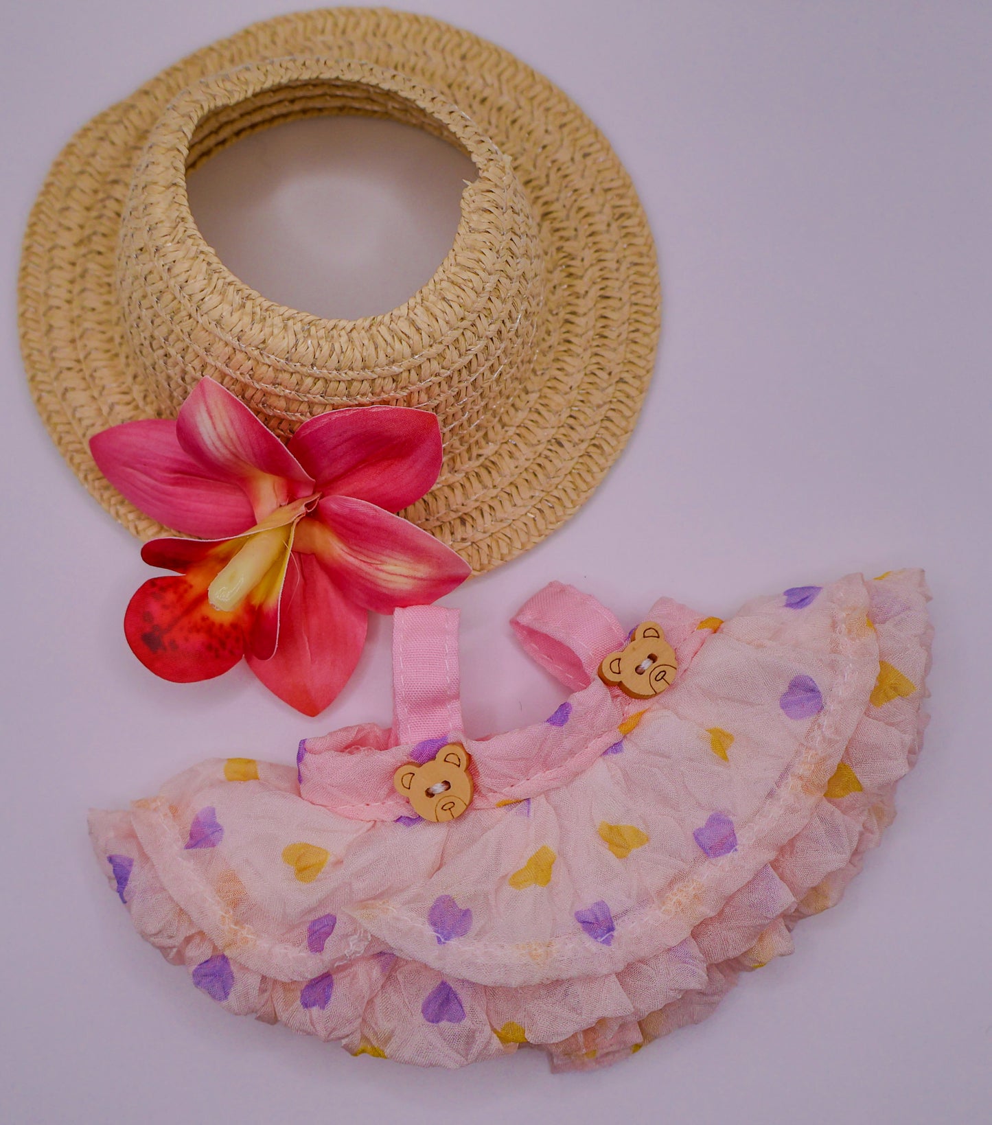 Pink Summer Labubu Outfit – Teddy Bear Dress & Floral Sunhat
