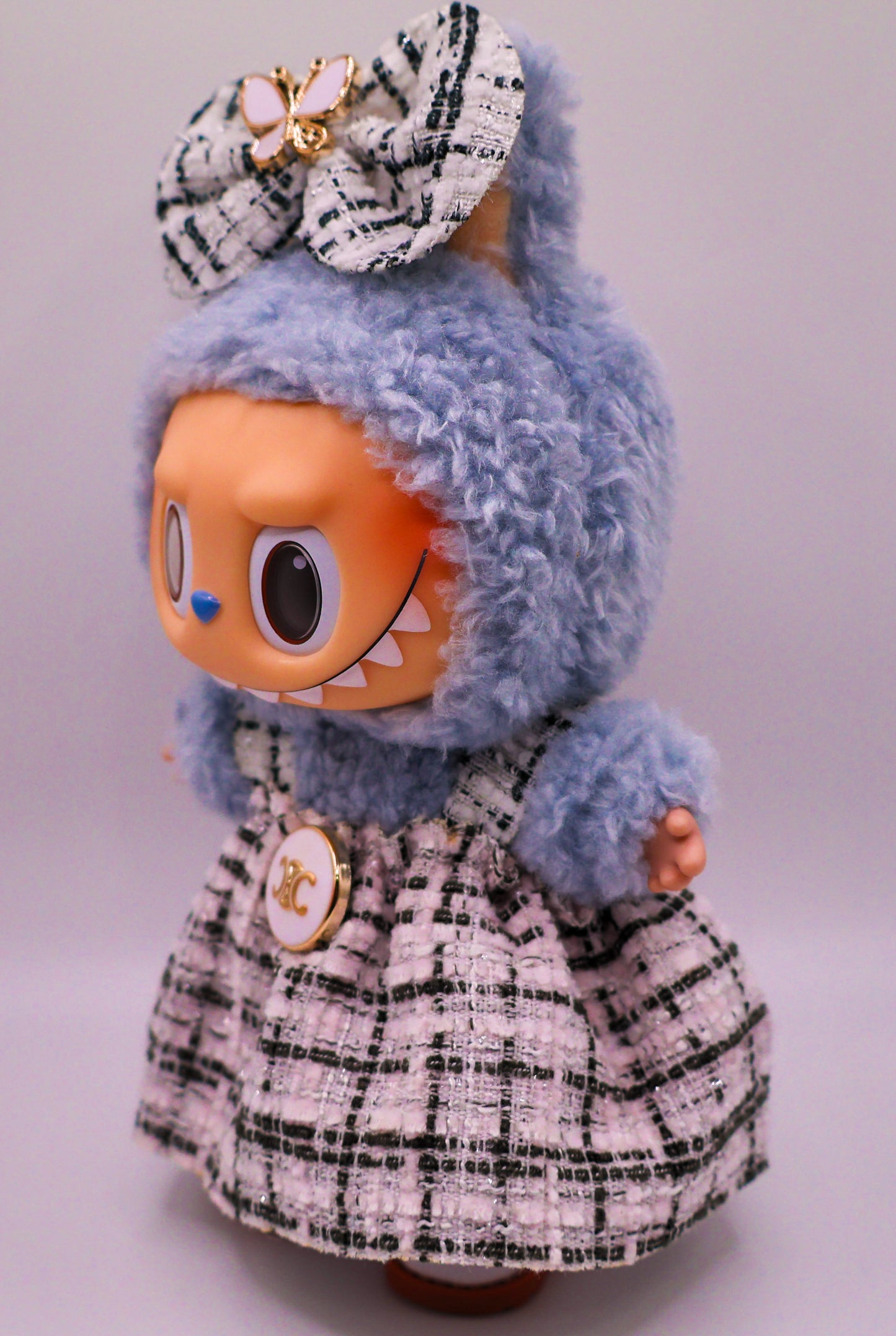 Parisian Chic Tweed Dress with Bow & Butterfly Accent for Labubu