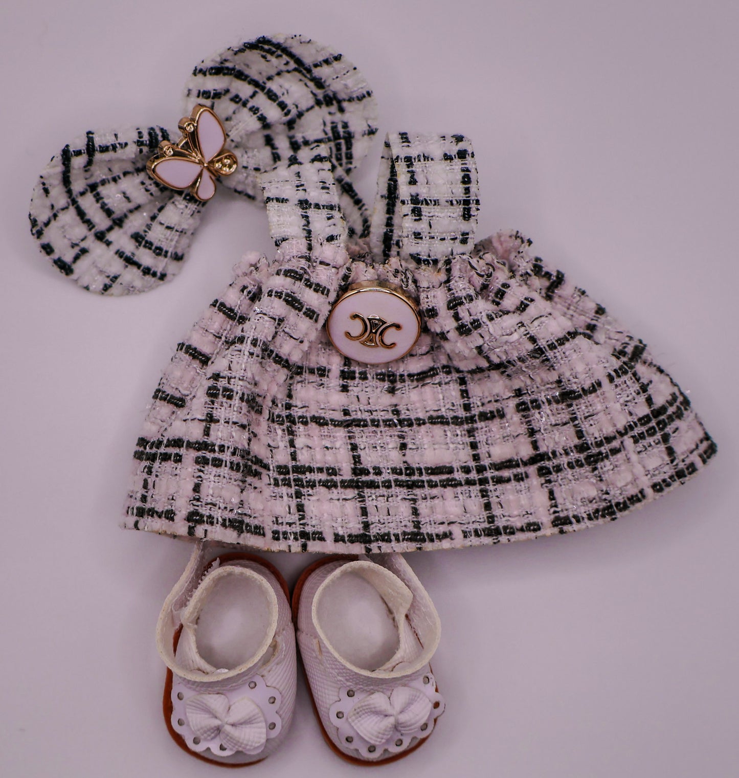 Parisian Chic Tweed Dress with Bow & Butterfly Accent for Labubu